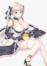 Rule 34 | 1girl, absurdres, azur lane, bare shoulders, between breasts, black dress, black footwear, black ribbon, breasts, cleavage, clothing cutout, detached collar, dress, foot out of frame, formidable (azur lane), frilled dress, frills, grey hair, hair ribbon, high heels, highres, large breasts, long hair, looking at viewer, manjuu (azur lane), nagrim, necktie, necktie between breasts, red eyes, ribbon, shadow, shoes, shoulder cutout, simple background, solo, thighhighs, twintails, two-tone dress, two-tone ribbon, very long hair, white background, white dress, white thighhighs