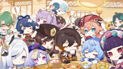 Rule 34 | &gt; &lt;, 5boys, 6+girls, :3, antlers, baizhu (genshin impact), black hair, blue hair, bowl, braid, braided hair rings, brown hair, chair, chibi, chongyun (genshin impact), closed eyes, coat, commentary, cup, dark-skinned female, dark skin, double bun, earrings, english commentary, facial mark, food, forehead mark, ganyu (genshin impact), genshin impact, glasses, gradient hair, green hair, guoba (genshin impact), hair between eyes, hair bun, hair ornament, hair rings, hairclip, hat, highres, holding, holding cup, horns, hu tao (genshin impact), jewelry, keqing (genshin impact), light blue hair, long hair, long sleeves, multicolored hair, multiple boys, multiple girls, ningguang (genshin impact), official art, ofuda, open mouth, parted lips, pink hair, ponytail, purple hair, qingdai guanmao, qiqi (genshin impact), shenhe (genshin impact), silver hair, single earring, sitting, sleeping, sleeping upright, smile, snake, table, twintails, xiangling (genshin impact), xiao (genshin impact), xingqiu (genshin impact), xinyan (genshin impact), yanfei (genshin impact), yun jin (genshin impact), zhongli (genshin impact), zzz
