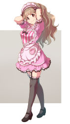 Rule 34 | 1girl, alternate costume, apron, arms up, black thighhighs, brown hair, enmaided, feet out of frame, frilled apron, frilled sleeves, frilled thighhighs, frills, garter straps, grey background, hands in hair, idolmaster, idolmaster cinderella girls, kamiya nao, layered skirt, long hair, looking at viewer, maid, maid headdress, miniskirt, pink shirt, pink skirt, satomura kyou, shirt, short sleeves, skirt, solo, standing, thighhighs, two-tone background, very long hair, waist apron, white apron, white background, zettai ryouiki