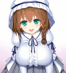 Rule 34 | 1girl, asamura hiori, braid, breasts, brown hair, charlotte corday (fate), charlotte corday (second ascension) (fate), fate/grand order, fate (series), green eyes, highres, large breasts, looking at viewer, smile, solo