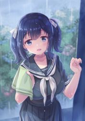 Rule 34 | 1girl, blue eyes, blue hair, blurry, blurry background, blush, bra, breasts, collarbone, day, emia wang, flower, hair ribbon, handkerchief, highres, holding, hydrangea, kantai collection, large breasts, neckerchief, open clothes, outdoors, pleated skirt, rain, ribbon, sailor collar, school uniform, see-through, serafuku, shirt, short sleeves, skirt, solo, souryuu (kancolle), twintails, underwear, wet, wet clothes, wet hair, wet shirt, white neckerchief, white ribbon