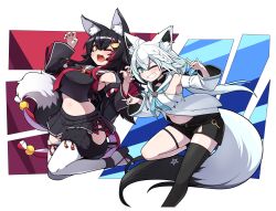 Rule 34 | :d, ahoge, animal ear fluff, animal ear piercing, animal ears, aqua eyes, black hair, black ribbon, black serafuku, black shirt, black shorts, black skirt, black sleeves, black thighhighs, blue neckerchief, blush, braid, claw pose, crop top, crop top overhang, cropped shirt, cross-laced slit, curvy, detached sleeves, double-parted bangs, double fox shadow puppet, flipped hair, fox ears, fox girl, fox shadow puppet, fox tail, front slit, full body, greil, hair between eyes, hair ornament, hair ribbon, hairclip, highres, hololive, hood, hooded vest, hoodie, jb jagbung, jumping, kouhaku nawa, lace-trimmed sleeves, lace trim, leaning forward, long hair, looking at viewer, low-tied long hair, low ponytail, midriff, midriff peek, miniskirt, multicolored hair, navel, neckerchief, necktie, one eye closed, ookami mio, ookami mio (1st costume), open mouth, pentagram, pleated skirt, red hair, red necktie, ribbon, rope, sailor collar, school uniform, serafuku, shimenawa, shirakami fubuki, shirakami fubuki (1st costume), shirt, short shorts, shorts, side-tie skirt, side braid, side slit, sidelocks, single thighhigh, skirt, sleeveless, sleeveless shirt, smile, spiked hair, strapless, streaked hair, tabi, tail, tail around own leg, tail wrap, thigh strap, thighhighs, very long hair, vest, virtual youtuber, white hair, white sailor collar, white sleeves, white thighhighs, wide sleeves, wolf ears, wolf girl, wolf tail, yellow eyes