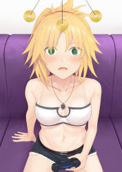 Rule 34 | 1girl, absurdres, bare arms, bare shoulders, blonde hair, blush, braid, breasts, collarbone, commentary request, controller, dualshock, fate/grand order, fate (series), game controller, gamepad, green eyes, hair ornament, heart, heart-shaped pupils, highres, holding, holding controller, hypnosis, jewelry, long hair, looking at viewer, medium breasts, mind control, mordred (fate), mordred (fate/apocrypha), mordred (memories at trifas) (fate), navel, necklace, open mouth, playstation controller, ponytail, red scrunchie, scrunchie, shorts, sitting, smile, solo, symbol-shaped pupils, wowan baihe zenmeliao