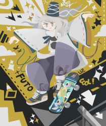 Rule 34 | 1girl, baggy pants, blue footwear, blue hat, blue pants, character name, cloud, commentary, cross-laced footwear, english commentary, english text, full body, grey eyes, grey hair, hat, hat ribbon, heart, highres, japanese clothes, kariginu, long sleeves, looking at viewer, medium hair, mononobe no futo, open mouth, outstretched arms, pants, pom pom (clothes), ribbon, ribbon-trimmed sleeves, ribbon trim, shoes, skateboard, skateboarding, sneakers, solo, sparkle, star (symbol), sun, tate eboshi, thatpebble, touhou, traffic cone, white ribbon, wide sleeves