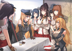Rule 34 | 6+girls, akagi (kancolle), akizuki (kancolle), antiqq, bare shoulders, bismarck (kancolle), black hair, blonde hair, blue eyes, breast hold, breasts, brown eyes, brown gloves, brown hair, crossed arms, detached sleeves, dress, food, food on face, front-tie top, gloves, graf zeppelin (kancolle), hair between eyes, hairband, hakama, hakama skirt, haruna (kancolle), hat, headgear, iowa (kancolle), japanese clothes, kantai collection, large breasts, long hair, long sleeves, military, military hat, military uniform, multiple girls, nontraditional miko, open mouth, partially fingerless gloves, partly fingerless gloves, peaked cap, pleated skirt, ponytail, prinz eugen (kancolle), pudding, real life, red hakama, red skirt, saratoga (kancolle), short hair, short sleeves, skirt, smile, star-shaped pupils, star (symbol), symbol-shaped pupils, tasuki, thighhighs, uniform, white dress, yamato (kancolle), yugake, z flag