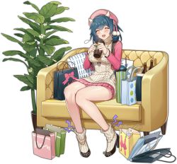Rule 34 | 1girl, :d, ^ ^, anklet, ark order, artist request, bag, beret, black footwear, blue hair, blush, bow, breasts, closed eyes, couch, cramp, cropped jacket, cup, disposable cup, footwear ribbon, full body, hat, hat bow, high heels, holding, holding cup, horns, jacket, jewelry, large breasts, long sleeves, loose socks, medium hair, necklace, official art, open mouth, pink bow, pink hat, pink jacket, pink skirt, plaid, plaid skirt, plant, pleated skirt, pom pom (clothes), potted plant, puff of air, ribbed legwear, ribbed sweater, ribbon, shoes, shopping bag, sitting, skirt, smile, socks, solo, sweat, sweater, transparent background, turtleneck, turtleneck sweater, white legwear, white ribbon, white sweater, wing collar, yaksha (ark order)