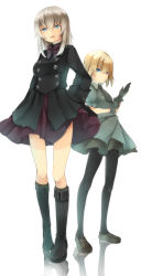 Rule 34 | 10s, 2girls, amai nekuta, arms behind back, black dress, black footwear, black gloves, black legwear, blonde hair, blue eyes, boots, bow, commentary, dress, full body, girls und panzer, gloves, green dress, highres, itsumi erika, katyusha (girls und panzer), knee boots, loafers, long hair, long sleeves, looking at viewer, military, military uniform, multiple girls, necktie, pantyhose, parted lips, petticoat, pleated dress, shoes, short hair, short sleeves, silver hair, socks, standing, uniform, white background