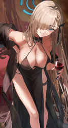 Rule 34 | 1girl, 7gao, absurdres, alcohol, alternate costume, asuna (blue archive), bare shoulders, bent over, black dress, blue archive, blue eyes, bra, breasts, cleavage, cup, dress, drinking glass, hair over one eye, halo, highres, holding, holding cup, jewelry, karin (blue archive), lace, lace-trimmed bra, lace trim, large breasts, leaning forward, light brown hair, long hair, looking at viewer, mole, mole on breast, mole under eye, sitting, smile, solo, underwear, very long hair, wine, wine glass