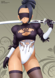 Rule 34 | 1girl, absurdres, black gloves, black hair, black shirt, black thighhighs, blindfold, blush, breasts, cleavage, cleavage cutout, clothing cutout, collarbone, cosplay, crossover, dragon ball, dragon ball super, earrings, gloves, grey background, highleg, highleg leotard, highres, holding, jewelry, kale (dragon ball), katana, large breasts, leotard, long hair, long sleeves, nier (series), nier:automata, over shoulder, ponytail, puffy sleeves, shirt, short hair, square enix, standing, sword, sword over shoulder, thighhighs, weapon, weapon over shoulder, white leotard, 2b (nier:automata), 2b (nier:automata) (cosplay), zel-sama