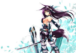 Rule 34 | 1girl, animal ears, armor, ass, bodysuit, breasts, detached sleeves, dual wielding, fatkewell, fox ears, fox tail, from behind, gauntlets, greaves, green eyes, headgear, holding, holding sword, holding weapon, katana, looking at viewer, looking back, original, purple hair, sheath, sideboob, standing, sword, tail, weapon