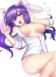 Rule 34 | 1girl, ;o, animal ears, ass, bare shoulders, blush, bottomless, breasts, commentary request, feet out of frame, hair between eyes, hands up, long hair, long sleeves, looking at viewer, lying, medium breasts, off shoulder, on back, one eye closed, open mouth, purple hair, rabbit ears, red eyes, reisen udongein inaba, rimu (kingyo origin), shirt, simple background, solo, thighs, touhou, white background, white shirt