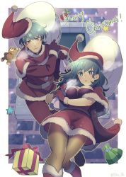 Rule 34 | !, 1boy, 1girl, bag, blue hair, boots, bow, breasts, byleth (female) (fire emblem), byleth (fire emblem), byleth (male) (fire emblem), christmas, commentary request, dress, feet out of frame, fire emblem, fire emblem: three houses, gift, gloves, hair between eyes, hat, holding, holding bag, kasu (96ks 3h), looking at viewer, medium breasts, medium hair, merry christmas, nintendo, pantyhose, ribbon, santa boots, santa costume, santa dress, santa gloves, santa hat, stuffed animal, stuffed toy, teddy bear
