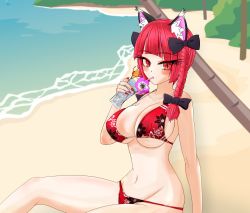 Rule 34 | 1girl, absurdres, animal ears, beach, bikini, black bow, bow, braid, breasts, cat ears, covered erect nipples, drinking, drinking straw, hair bow, highres, kaenbyou rin, large breasts, multiple tails, nail polish, outdoors, red bikini, red eyes, red hair, red nails, sand, solo, sugar you, swimsuit, tail, touhou, twin braids