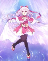 Rule 34 | 1girl, black pantyhose, bow, braid, cape, date a live, dress, full body, hair bow, long hair, long sleeves, looking at viewer, official art, open mouth, pantyhose, pink hair, purple eyes, shoes, short dress, single braid, smile, solo, sonogami rio, tsunako