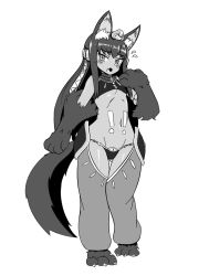 Rule 34 | 1girl, alternate breast size, animal ears, animal hands, anubis (monster girl encyclopedia), blush, child, drawfag, fang, flying sweatdrops, greyscale, groin, highres, imageboard desourced, long hair, looking at viewer, monochrome, monster girl, monster girl encyclopedia, nav (itsnav), navel, non-web source, open mouth, petite, slit pupils, solo, stomach, tail, tattoo, thighs, wide hips