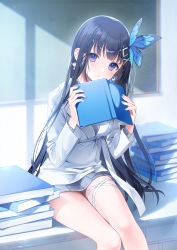 Rule 34 | 1girl, a20 (atsumaru), aoi nabi, black hair, book, book stack, butterfly hair ornament, cardigan, chalkboard, commentary request, grey cardigan, grey skirt, hair ornament, head tilt, highres, holding, holding book, indie virtual youtuber, indoors, long hair, long sleeves, looking at viewer, nail polish, parted lips, purple eyes, shirt, sitting, sitting on table, skirt, solo, thigh strap, virtual youtuber, white shirt, x hair ornament