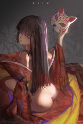 Rule 34 | 10s, 1girl, 2016, ass, blue eyes, blunt bangs, brown hair, butt crack, floral print, fox mask, from behind, grey background, highres, holding, holding mask, japanese clothes, kikumon, kimono, long hair, looking at viewer, looking back, mask, original, partially undressed, seigaiha, sitting, sk tori, solo, straight hair, tongue, tongue out