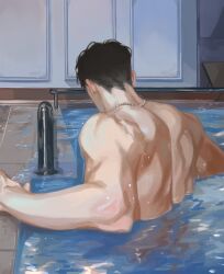 Rule 34 | 1boy, back, back focus, black hair, facing away, highres, in water, indoors, jewelry, male focus, muscular, muscular male, myeong, necklace, original, pool, short hair, solo, tile floor, tiles, upper body, water