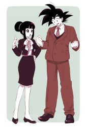 Rule 34 | 1boy, 1girl, :o, bare legs, black eyes, black footwear, black hair, chi-chi (dragon ball), clenched hands, dragon ball, dragonball z, eyelashes, formal, full body, grey background, hand on own hip, height difference, highres, index finger raised, jacket, light smile, looking at viewer, looking down, necktie, nishi (manpucc), open mouth, ribbon, shirt, simple background, skirt, son goku, spiked hair, standing, suit, two-tone background, white background, white ribbon, white shirt