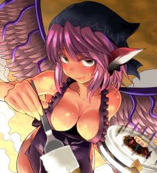 Rule 34 | 1girl, absurdres, animal ears, apron, bare shoulders, breasts, brown eyes, cake, candle, cleavage, collarbone, covered erect nipples, downblouse, eel, english text, female focus, food, foreshortening, fork, from above, happy birthday, head scarf, heart, highres, incoming food, large breasts, leaning forward, looking at viewer, mystia lorelei, naked apron, naughty face, okamisty, pov, purple hair, short hair, smile, solo, sweat, tetsua rei, touhou, wings