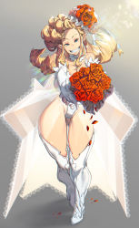 Rule 34 | 1girl, absurdres, bare shoulders, blonde hair, blue eyes, boots, bouquet, breasts, bridal veil, cameltoe, cleavage, commentary, commentary typo, detached collar, dress, earrings, elbow gloves, elf, english commentary, eureka brider, flipped hair, flower, forehead, gloves, gluteal fold, grin, hair flower, hair ornament, head tilt, highleg, highleg leotard, highres, huge breasts, jewelry, lens flare, leotard, long hair, looking at viewer, original, outstretched arms, petals, pointy ears, pompadour, shiny skin, smile, solo, thick thighs, thigh boots, thighhighs, thighs, veil, wedding dress, white footwear, white gloves, white leotard