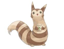 Rule 34 | :3, animal focus, creatures (company), cup, disposable cup, facial mark, furret, game freak, gen 2 pokemon, green eyes, happy, holding, holding cup, looking up, nintendo, no humans, open mouth, pokemon, pokemon (creature), sentret, simple background, smile, solo, volpecorvo, whisker markings, white background