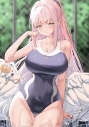 Rule 34 | 1girl, absurdres, angel wings, bare shoulders, blue archive, blue one-piece swimsuit, blush, breasts, cleavage, collarbone, covered navel, feathered wings, hair ornament, half-closed eyes, highres, large breasts, long hair, looking at viewer, low wings, mika (blue archive), one-piece swimsuit, pink hair, school swimsuit, scrunchie, sidelocks, solo, swimsuit, thigh gap, ueng, wading, water, wet, white wings, wing ornament, wings, yellow eyes