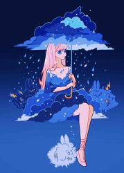 Rule 34 | 1girl, absurdres, black background, blue background, blue dress, blue eyes, blue theme, cloud clothes, commentary, dress, english commentary, gradient background, highres, holding, holding umbrella, invisible chair, lightning, long hair, meyoco, original, pink hair, rain, sitting, solo, umbrella
