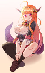 Rule 34 | 1girl, ahoge, asymmetrical legwear, black hairband, black thighhighs, blunt bangs, braid, breasts, brown footwear, cleavage, closed mouth, commentary request, dragon girl, dragon horns, dragon tail, full body, gradient background, hairband, highres, hololive, horns, indian style, kiryu coco, kiryu coco (1st costume), konboi-eg, large breasts, long hair, looking at viewer, orange hair, pointy ears, raglan sleeves, red eyes, shoes, single braid, single thighhigh, sitting, smile, solo, tail, thighhighs, uneven legwear, virtual youtuber