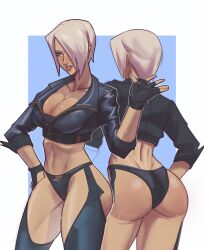 Rule 34 | 1girl, absurdres, angel (kof), ass, backless pants, blue eyes, bra, breasts, chaps, cleavage, crop top, cropped jacket, fingerless gloves, gloves, hair over one eye, highres, jacket, large breasts, leather, leather jacket, lipstick, makeup, midriff, navel, panties, pants, shiny skin, short hair, snk, solo, strapless, strapless bra, tan, the king of fighters, the king of fighters xiv, toned, twt4gn, underwear, white hair