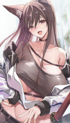 Rule 34 | 1girl, animal ears, armpit crease, belt, black choker, blurry, blurry background, breasts, choker, cleavage, collarbone, depth of field, groin, hand on own hip, highres, huge breasts, jacket, long hair, long sleeves, looking at viewer, navel, open clothes, open jacket, open mouth, original, raised eyebrows, shiny skin, single bare shoulder, smile, solo, sweat, sword, upper body, weapon, won (az hybrid)