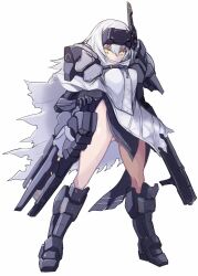 Rule 34 | 1girl, armor, armored boots, assault rifle, boots, cloak, dog tags, full body, gluteal fold, goddess of victory: nikke, gun, karukan (monjya), long hair, looking at viewer, mechanical arms, rifle, shoulder armor, simple background, single mechanical arm, snow white (nikke), solo, standing, visor (armor), weapon, white background, white cloak, white hair, yellow eyes