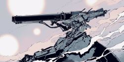 Rule 34 | commentary, from side, green eyes, grey background, gun, highres, holding, holding gun, holding weapon, korean commentary, looking ahead, mecha, no humans, no legs, original, robot, science fiction, siku199, smoke, solo, weapon