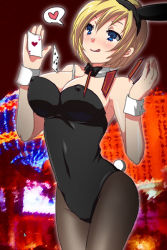 Rule 34 | 1girl, :p, animal ears, bad id, bad pixiv id, blonde hair, blue eyes, breasts, rabbit ears, playboy bunny, card, choker, cleavage, covered erect nipples, fake animal ears, floating card, futaba 841, holding, holding card, large breasts, pantyhose, pop&#039;n music, short hair, solo, tail, tongue, tongue out