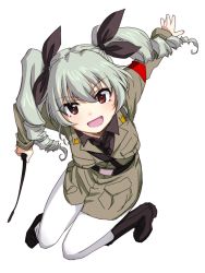 Rule 34 | &gt;:d, 10s, 1girl, :d, anchovy (girls und panzer), blush, boots, drill hair, girls und panzer, green hair, highres, necktie, open mouth, pantyhose, red eyes, riding crop, sakaki imasato, smile, solo, twintails, uniform, v-shaped eyebrows, white background, white pantyhose