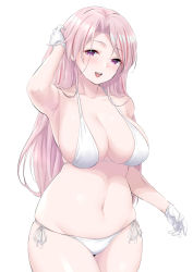 Rule 34 | 1girl, alternate costume, armpits, bikini, blush, breasts, cleavage, curvy, earrings, gloves, halterneck, hand in own hair, highres, jewelry, kantai collection, large breasts, long hair, looking at viewer, luigi di savoia duca degli abruzzi (kancolle), open mouth, pink hair, purple eyes, side-tie bikini bottom, simple background, skindentation, smile, solo, string bikini, swimsuit, takomeshi, thighs, white background, white bikini, white gloves, wide hips