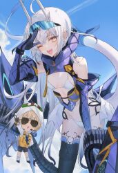 Rule 34 | 1girl, 1other, absurdres, bare shoulders, bikini, black thighhighs, blue gloves, blue sky, blue thighhighs, blush, breasts, captain nemo (fate), chibi, detached sleeves, dragon horns, fate/grand order, fate (series), forked eyebrows, gloves, hat, headband, highres, horns, huge weapon, jetpack, long hair, looking at viewer, marine nemo (fate), mecha musume, melusine (fate), melusine (swimsuit ruler) (fate), melusine (swimsuit ruler) (third ascension) (fate), missile pod, navel, nemo (fate), one eye closed, purple wings, sherry 0014, shorts, sky, small breasts, smile, sunglasses, swimsuit, tail, thighhighs, transparent background, turban, weapon, white bikini, white hair, white swimsuit, wings, yellow eyes