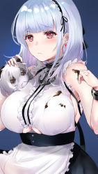 Rule 34 | 1girl, ao ao konno, apron, azur lane, bare shoulders, black hairband, blush, breasts, character doll, chocolate, clothing cutout, dido (azur lane), earrings, frills, hairband, highres, jewelry, large breasts, long hair, looking at viewer, maid, pink eyes, silver hair, sleeveless, underboob, underboob cutout, white apron, white day