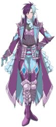 Rule 34 | 1boy, aqua eyes, armor, asrbpy, blue gloves, blue hair, blue neckwear, boots, brooch, creatures (company), facial mark, full body, game freak, gen 8 pokemon, gloves, greaves, hair over one eye, hand on own hip, highres, jewelry, light blue hair, looking at viewer, multicolored hair, nintendo, personification, pokemon, purple footwear, purple hair, simple background, solo, standing, thigh boots, thighhighs, toxtricity, two-tone hair, white background