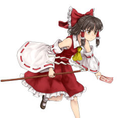 Rule 34 | 1girl, ascot, bare shoulders, bow, brown hair, collared shirt, detached sleeves, feet out of frame, frilled bow, frilled skirt, frills, fuwatoro (enemy-of-society), gohei, hair bow, hair tubes, hakurei reimu, leaning forward, mary janes, ofuda, red bow, red shirt, red skirt, ribbon-trimmed sleeves, ribbon trim, shirt, shoes, simple background, skirt, solo, touhou, white background, wide sleeves, yellow ascot, yellow eyes