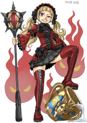 Rule 34 | absurdres, black dress, blonde hair, boots, character request, commentary request, copyright request, dress, full body, gesugao, gothic lolita, hairband, highres, holding, holding weapon, lolita fashion, lolita hairband, looking at viewer, mashima hiro, purple eyes, red dress, red footwear, simple background, teeth, thigh boots, twintails, two-tone dress, urn, water, weapon, white background