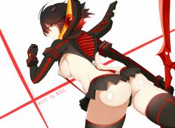 Rule 34 | 10s, 1girl, artist name, ass, black hair, blue eyes, breasts, copyright name, from behind, hairpods, hews, horns, kill la kill, large breasts, living clothes, looking back, matoi ryuuko, multicolored hair, red hair, revealing clothes, school uniform, scissor blade (kill la kill), senketsu, shiny skin, short hair, suspenders, sword, thighhighs, thong, two-tone hair, weapon, white background
