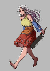 Rule 34 | 1girl, :o, arms at sides, bare legs, bare shoulders, barefoot, bow, collarbone, detached sleeves, dress, full body, grey background, hatchet, highres, holding, kourou (kouroukun), long hair, looking afar, medium dress, multicolored clothes, multicolored dress, nata (tool), parted lips, red eyes, sakata nemuno, silver hair, simple background, single strap, sketch, solo, touhou, walking
