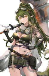 Rule 34 | 1girl, arknights, axe, battle axe, belt pouch, bike shorts, bikini, black gloves, black shorts, commentary request, crocodilian tail, dreadlocks, ema (kuguiema), gas mask, gavial (arknights), gavial the invincible (arknights), gloves, goggles, goggles on head, green bikini, green hair, hand on own hip, highres, holding, holding axe, mask, mask around neck, material growth, oripathy lesion (arknights), pointy ears, pouch, respirator, shorts, shoulder tattoo, solo, stomach tattoo, swimsuit, tail, tattoo, torn clothes, torn gloves, weapon