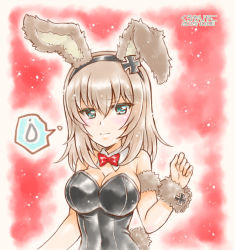 Rule 34 | 1girl, alternate costume, animal ears, armband, black leotard, blue eyes, blush, bow, bowtie, breasts, cleavage, closed mouth, collar, commentary, cross, detached collar, fake animal ears, fake tail, frown, girls und panzer, hair ornament, iron cross, itsumi erika, kuromori yako, large breasts, leotard, light particles, looking at viewer, medium hair, playboy bunny, rabbit ears, rabbit tail, red background, red bow, red bowtie, silver hair, solo, spoken sweatdrop, strapless, strapless leotard, sweatdrop, tail, upper body, white collar, wing collar, wrist cuffs