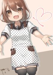 Rule 34 | 1girl, absurdres, apron, black sailor collar, black skirt, black thighhighs, brown hair, commentary request, fang, full body, hair ornament, hairclip, heart, highres, ikazuchi (kancolle), kantai collection, kneeling, open mouth, pleated skirt, polka dot, polka dot apron, sailor collar, school uniform, serafuku, short hair, skin fang, skirt, sleeves rolled up, solo, thighhighs, two-tone background, ushida nakoruru, white apron