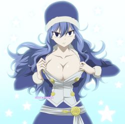 Rule 34 | 1girl, artist name, blue background, blue eyes, blue hair, breasts, cleavage, cleavage cutout, closed mouth, clothing cutout, collarbone, colorized, fairy tail, hair between eyes, hat, highres, huge breasts, itshikka, juvia lockser, large breasts, lips, long hair, scowl, star (symbol), tagme, undressing, wavy hair