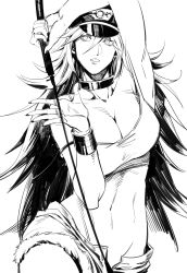 Rule 34 | 1girl, absurdres, armpits, big hair, bracelet, breasts, cleavage, collar, contrapposto, cowboy shot, final fight, fingernails, greyscale, hair between eyes, hand up, hat, highres, jewelry, large breasts, long hair, looking to the side, metal collar, monochrome, open fly, parted lips, peaked cap, poison (final fight), riding crop, ruukii drift, short shorts, shorts, simple background, solo, street fighter, tank top, very long hair, whip, white background