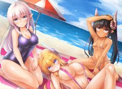 Rule 34 | 3girls, arm up, bad id, bad pixiv id, beach, beach umbrella, bikini, black hair, blonde hair, blue eyes, blush, breasts, cleavage, covered erect nipples, cyanomirahi, dark-skinned female, dark skin, day, headgear, horns, large breasts, long hair, looking at viewer, lying, multiple girls, navel, old school swimsuit, on back, one-piece swimsuit, original, outdoors, pink eyes, pink hair, pointy ears, sand, school swimsuit, shiny clothes, sitting, skin tight, skindentation, slingshot swimsuit, small breasts, smile, swimsuit, umbrella, water