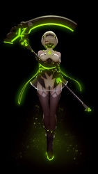 Rule 34 | 1girl, absurdres, bare shoulders, black background, black footwear, black gloves, boots, breasts, brown hair, brown thighhighs, cleavage, colomar, dress, elbow gloves, full body, gas mask, gloves, glowing, glowing weapon, hair over one eye, highres, holding, holding scythe, holding weapon, honkai (series), honkai impact 3rd, looking at viewer, mask, purple eyes, rita rossweisse, rita rossweisse (phantom iron), scythe, see-through, see-through dress, simple background, sleeveless, sleeveless dress, solo, thighhighs, weapon